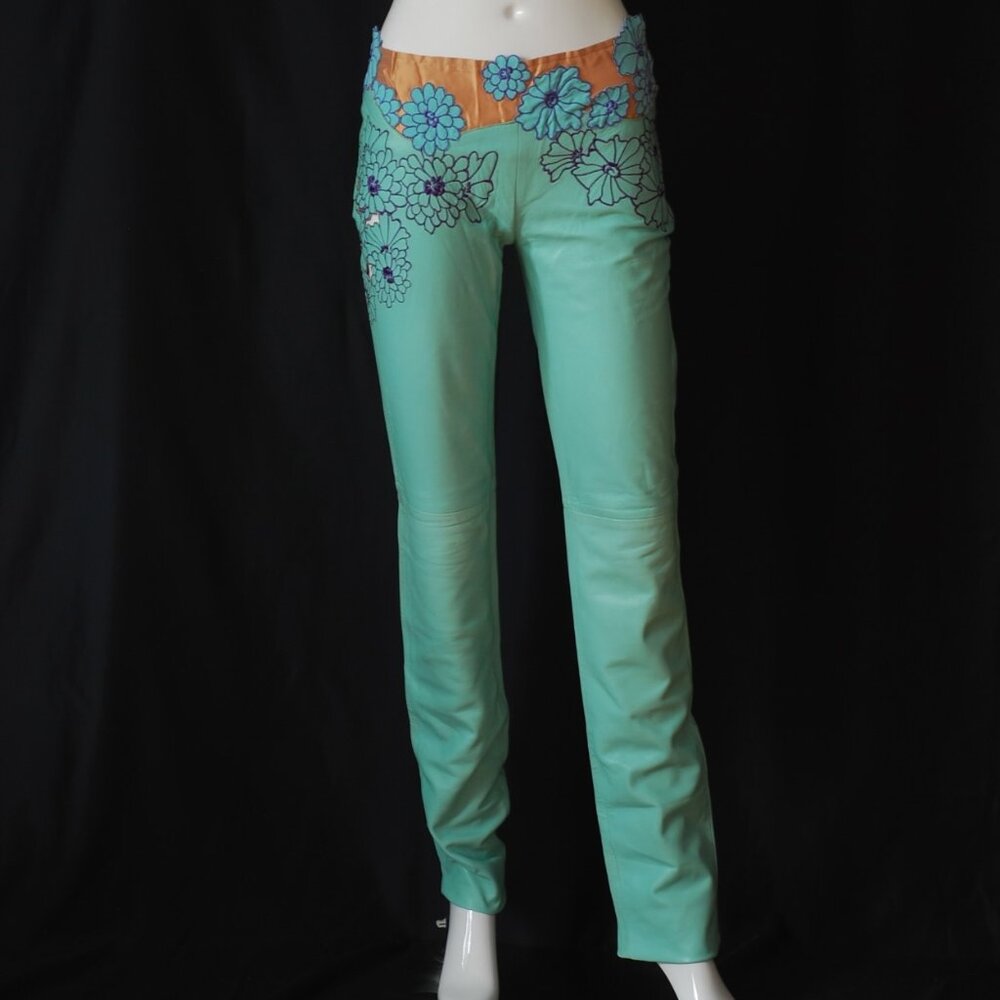 Versus Versace 1990's Skinny Leather Trousers With Cut-Out Flowers - Italy